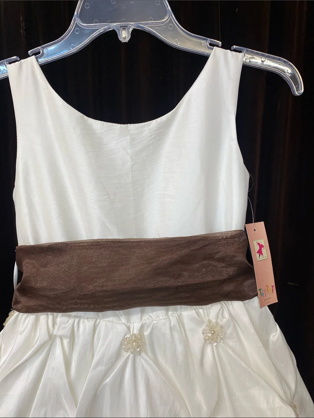 Girls Ivory Taffeta Formal Dress with Brown Sash